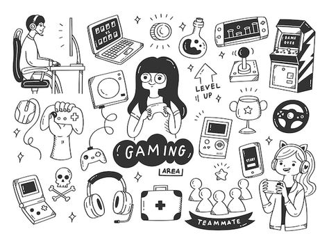 Set of video game doodle illustration | Premium Vector #Freepik #vector #console #controller #joystick #doodle-illustration Video Game Illustration Art, Gaming Doodle Art, Doodle Art Characters, Video Game Doodles, Gamer Drawings, Game Illustration Design, Video Games Illustration, Video Games Drawing, Video Game Illustration