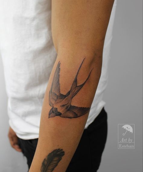 Elbow Forearm Tattoo Men, Swallow Tattoo Men Arm, Neo Traditional Swallow Tattoo, Bird Tattoo On Forearm, Shallow Tattoo, Swallow Tattoo Arm, Swallow Tattoo Men, Bird Forearm Tattoo, Line Tattoo Arm