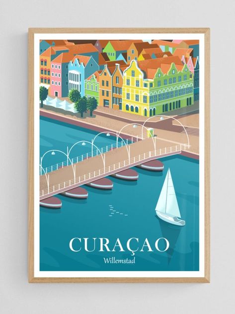 Travel poster or art print of Willemstad on the Caribbean island of Curaçao. Curacao is part of the Netherlands Antilles. The illustration features the Handelskade with its colorful old buildings and the Pontoon Bridge, or Pontjesbrug in Dutch. Caribbean Illustration, Caribbean Decor, Art Deco Travel Posters, Bridge Painting, Willemstad, Illustration Wall Art, Art Et Illustration, Print Inspiration, Illustration Print