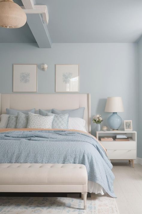 ☾~.~☕️follow me☕️~.~☾ Egg Shell Blue Bedroom, White And Blue Aesthetic Room, Serene Blue Bedroom, Light Blue Paint Bedroom, Blue Bedroom White Furniture, Light Blue And White Room, White And Blue Bedroom Aesthetic, Aesthetic Bedroom Blue, Light Blue Room Ideas