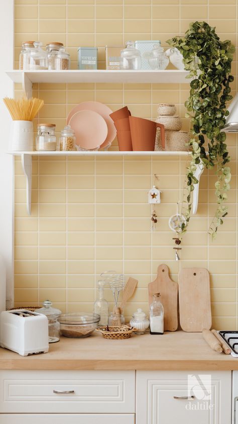 Yellow Tile Kitchen, Yellow Tile Bathroom Ideas, Kitchen Interior Tiles, Yellow Kitchen Tiles, Yellow Wall Tiles, Warm Kitchen Colors, Kitchen Color Yellow, Yellow Kitchen Designs, Cabin Renovation