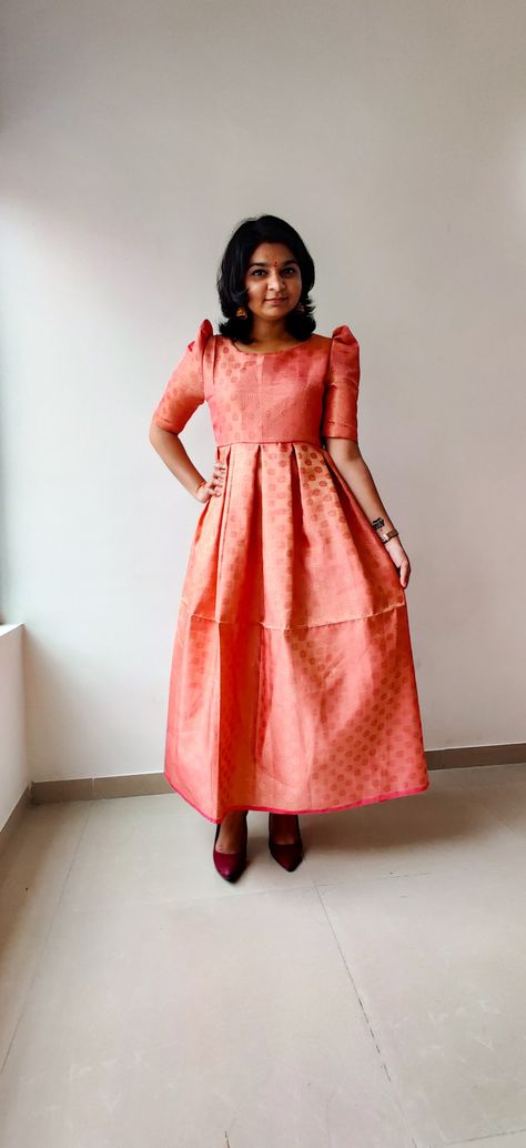 Brocade kurti #box pleat #puff #sleeve Puff Sleeve Churidar Top, Puff Kurti Designs, Puff Sleeve Salwar Suit, Box Pleat Frock For Women, Puff Sleeve Churidar, Puff Sleeve Salwar, Pleated Puff Sleeve Blouse Indian, Puff Hands Dress Designs, Puff Sleeve Kurti Indian