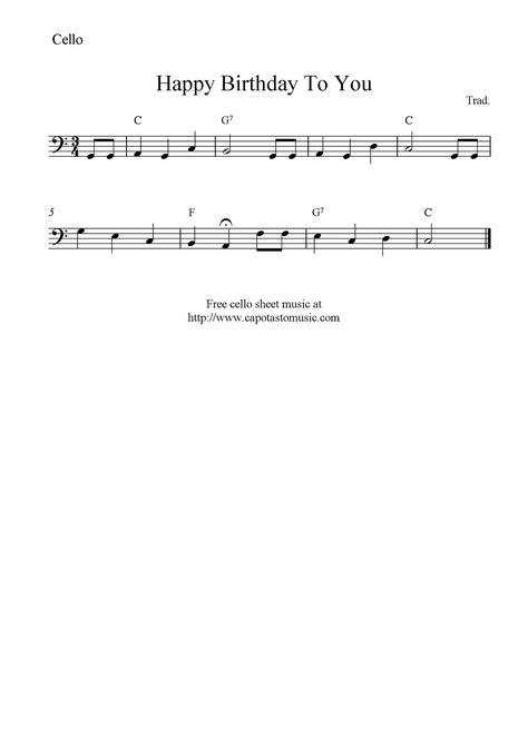 Happy Birthday To You, free cello sheet music notes Free Cello Sheet Music, Cello Music Sheet, Happy Birthday Cello, Cello Notes, Free Flute Sheet Music, Free Violin Sheet Music, Happy Birthday Music, Cello Sheet Music, Trumpet Sheet Music