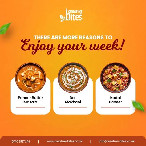 Enjoy your #week  #creativebites #creativebite #fooddistribution #london #inlondon🇬🇧 #bestfoodfeed #gujrati #gujjualso #gujjuinuk #pannertikka #pannermasala #dalmakhani #kadaipaneer #pannerbuttermasala Indian Food Creative Ads, Sweets Creative Ads, Hotel Creative Ads, Jeremiah 2911, Basic Banner, Enjoy Your Week, Hotel Ads, Posters Ideas, Instagram Branding Design