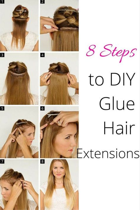 8 Steps to DIY glue hair extensions Glue In Extensions, Easy Hair Extensions, Glue In Hair Extensions, Hair Extensions Tutorial, Diy Hair Extensions, Diy Glue, Hair Extensions Before And After, Brazilian Hair Extensions, Hair Extensions For Short Hair