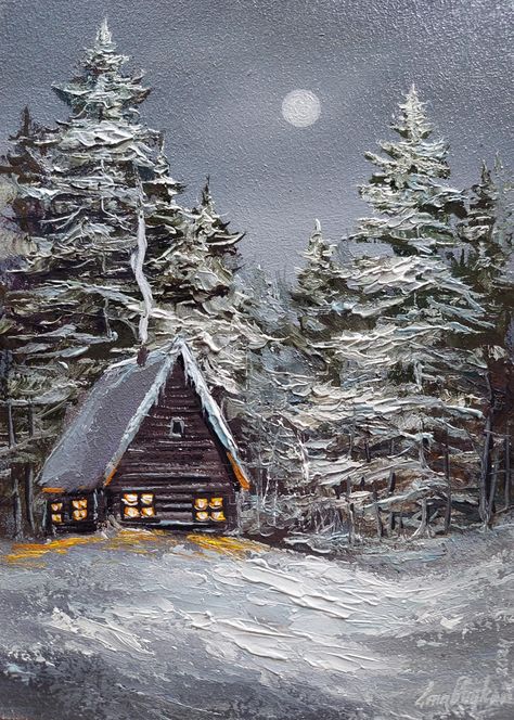 Under the moon, in the silence of the night, a cozy wooden hut with sparkling lights in the windows and smoke from the chimney create comfort and a unique atmosphere.  And the spruce trees stand like a green snow-covered wall protecting from the winter wind, this world is filled with festive beauty. Title: Quiet Evening in a Snowy Forest Size Painting: 5.1 x 7.1  inches- (13x18 cm),  Materials: Oil paints, Hardboard This art are High-quality and would make a great addition to any home. (I can paint this painting in other sizes. Please, contact me) Best Regards Your Artist Vadim Stavitskiy Snowy House Painting, Christmas House Painting Ideas, Winter Artwork Inspiration, Snowy Cabin Painting, Christmas Scenes To Paint, Snowy Landscape Painting, Winter Acrylic Paintings, Winter Painting Ideas Easy, Snowy Trees Painting