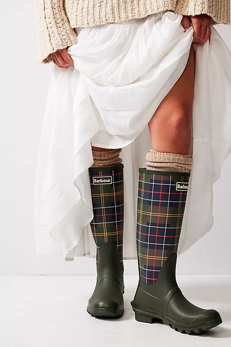 Barbour Tartan Bede Boots | Free People English Countryside Fashion, Barbour Boots, Scotland Fashion, Rain Boot Outfit, Countryside Fashion, Liz Marie, Comfy Boots, Frock And Frill, Rain Boots Women