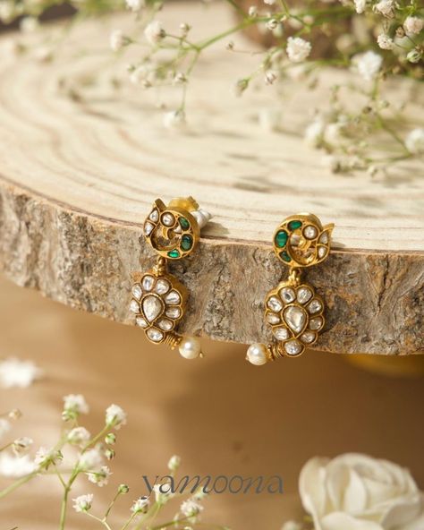 Emeralds (pacha) or emerald-colored stones are frequently used in Kundan jewelry. These gemstones are set using the Kundan setting technique, where the stones are embedded in a refined gold base. Find our new unique collection of pacha gold-plated silver earrings as part of Yamoona's Neema collection. Shop online at yamoona.co or DM us for price and shipping details #IndianBride #Jhumkas #GoldJewelry #IndianJewellery #Trending #BridalJewellery #Yamoona #SilverJhumkas #EmeraldJewelry #Silver... Silver Jhumkas, Kundan Jewelry, Colored Stones, Kundan Jewellery, Emerald Jewelry, Indian Jewellery, Gold Plated Silver, Indian Bride, Bridal Jewelry