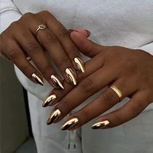 Gold Nails Chrome, Nails Metallic Chrome, Nails Almond Medium, Nails Metallic, Nails Medium Almond, Medium Stiletto, Gold Chrome Nails, Metal Glue, Nails Medium Length