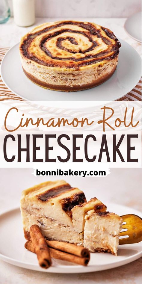 This cinnamon roll cheesecake consists of delicious, creamy cheesecake on a crunchy cinnamon graham cracker crust, with cinnamon filling throughout and a pretty cinnamon swirl baked into the top to look just like a cinnamon roll! It's perfect for cinnamon bun lovers and cheesecake fans! Show-stopping fall dessert for dinner parties or events. #cinnamon #fallbaking #cinnamonroll #cinnamonrecipes #cheesecakerecipes #fancycheesecake #cinnamonswirl #dessertideas #uniquedessert Cinnamon Swirl Cheesecake, Cinnamon Graham Cracker Crust, Swirled Cheesecake, Roll Cheesecake, Cinnamon Desserts, Cinnamon Cheesecake, Cinnamon Roll Cheesecake, Cinnamon Filling, Dinner Party Desserts