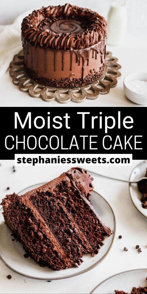 Chocolate Cream Cheese Buttercream, Three Layer Chocolate Cake, Whipped Chocolate Ganache, Triple Chocolate Cake, Ganache Filling, Chocolate Cake Recipe Moist, Chocolate Ganache Filling, Cream Cheese Buttercream, Chocolate Layer Cake