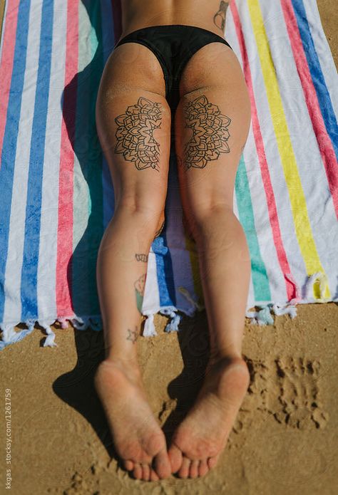 Stocksy United – Royalty-Free Stock Photos – Tattooed legs and bum of a woman sunbathing by kkgas Below Buttocks Tattoo, Beach Bum Tattoo, Hamstring Tattoo Women, Behind The Leg Tattoos For Women, Tattoo Leg Woman, Back Of Leg Tattoo Women, Under Bum Tattoo, Tattoo Under Bum Cheek, Thigh And Bum Tattoo Women