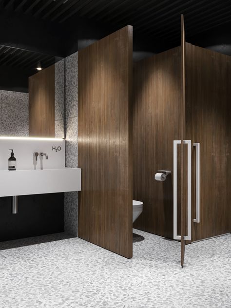 Hall in office in Almaty, Kazakhstan. on Behance Public Toilets Design, Office Toilet Design, Public Toilet Interior, Office Bathroom Design, Interior Design Toilet, Office Bathrooms, Office Restroom, Public Restroom Design, Commercial Bathroom Designs