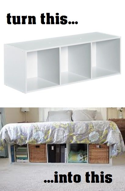 Cube shelf from Target turned into cute under-the-bed storage. Totally want to do this. Maybe I could put me clothes I'm it and get rid of y dresser. Then buy a more modern desk and shelf. Bilik Kecil, Organization Hacks Bedroom, Diy Platform Bed, Dorm Room Hacks, Ideas Para Organizar, Bilik Tidur, Organization Bedroom, Outdoor Lounge, Decor Rustic