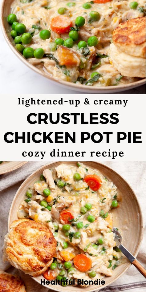 Everybody will love this cozy and comforting chicken pot pie soup! It’s ready in under 30 minutes, packed with protein, and made with rotisserie chicken and sweet potatoes - an easy and healthy one pot dinner recipe with chicken. No pie crust is needed! Chicken Pot Pie With Sweet Potatoes, Easy But Healthy Dinner Recipes, Healthy Chicken Pot Pie Recipe Low Carb, Chicken Pot Pie Rice Bake, Pot Pie Recipe Healthy, Cheap Rotisserie Chicken Recipes, Comfort Meals Easy, Healthy Dinner And Lunch Recipes, Heart Healthy Chicken Pot Pie