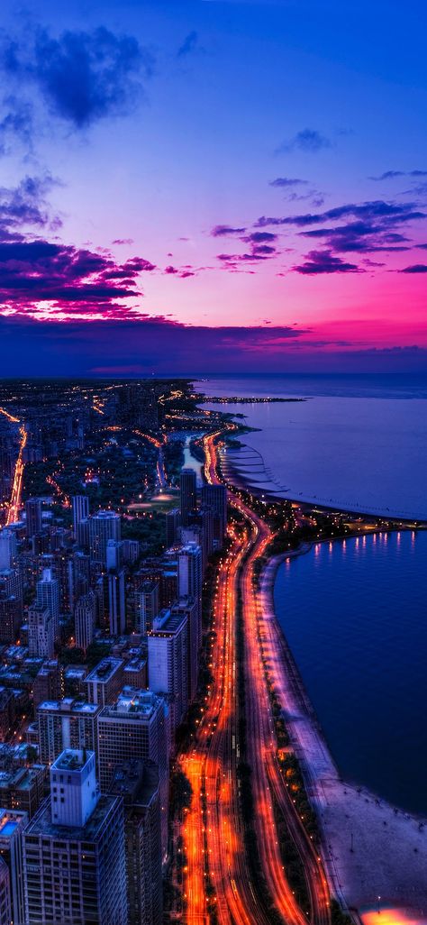 Chicago city night sky view scape ocean beach Chicago Wallpaper, Miami Wallpaper, Wallpaper Whatsapp, Safari Photo, Chicago Aesthetic, Chicago At Night, City At Night, Dark City, Chicago City