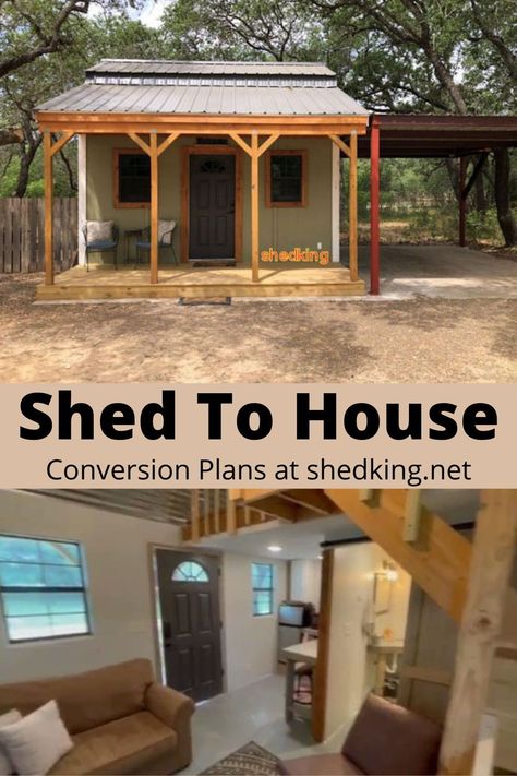 Shed To Office Conversion Diy, Shed To Cottage Conversion, Metal Shed To Tiny House, Storage Shed Conversion Guest Houses, Small Shed Guest Room, One Room Tiny House Floor Plans, Backyard Shed Guest House, Diy Backyard Guest House, Lowes Shed House