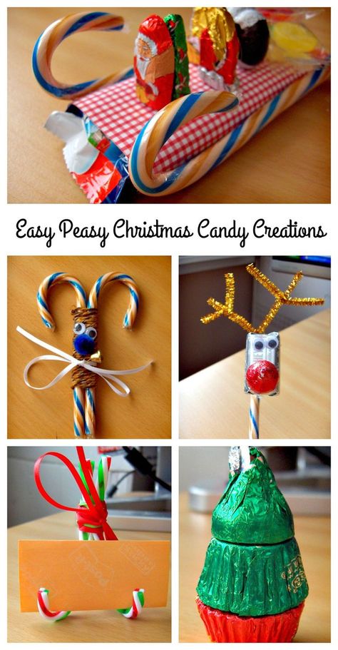 These adorable candy creations are so simple and inexpensive to make. They make great gifts, cute additions to cookie trays, & fun place settings. Christmas Table Favors, Christmas Favors Diy, Campground Ideas, Christmas Candy Crafts, Candy Sleigh, Diy Christmas Candy, Candy Creations, Baskets Ideas, Christmas Candy Gifts