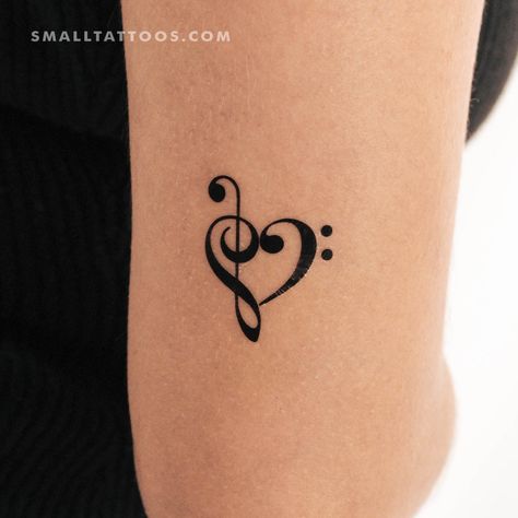 Heart composed of the bass clef and the treble clef temporary tattoo. Set of three. Size: 1.4 in / 3.4 cm (height) Music Note Friendship Tattoo, Music Best Friend Tattoos, Music Tatooes, Bass Clef Tattoo, Musical Note Tattoo, Music Heart Tattoo, Music Symbol Tattoo, Music Lover Tattoo, Treble Clef Heart