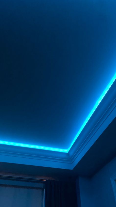 Bedroom Led Lights Ceiling, Strip Lights Bedroom Aesthetic, Dark Room Ceiling, Blue Light Aesthetic Room, Led Blue Lights Room, Fake Ceiling Snaps, Blue Light Room Aesthetic, Blue Led Room Aesthetic, Room With Led Lights Aesthetic