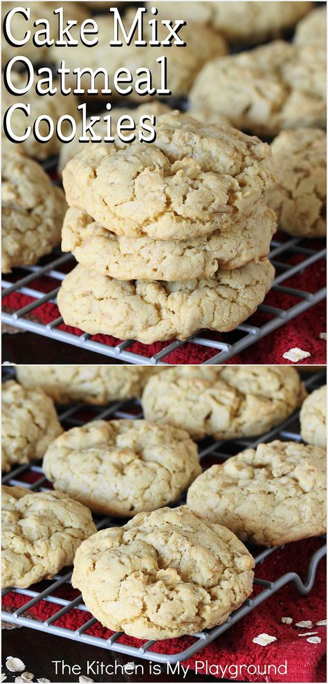 Cake Mix Oatmeal Cookies on cooling rack Ww Cookie Recipes, Vanilla Cake Mix Cookies Recipes, Crisco Oatmeal Cookies Recipe, Recipes Using Yellow Cake Mix Boxes, Quick Oatmeal Cookies, Old Fashion Oatmeal Cookies, Cake Mix Oatmeal Cookies, Cake Mix Cookies 3 Ingredient, Cake Flour Cookies