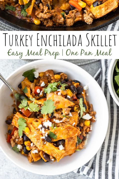 Turkey Enchilada Skillet - Beauty and the Bench Press Enchilada Skillet, Healthy Turkey Recipes, Ground Turkey Recipes Healthy, Turkey Enchiladas, College Cooking, Can Black Beans, Healthy Turkey, Red Enchilada Sauce, Health Dinner