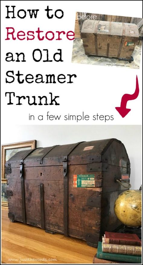 Steamer trunk restoration project, remove mildew odor, secure old labels and learn How to Restore an Old Steamer Trunk in a Few Simple Steps Steamer Trunk Makeover, Trunk Redo, Military Furniture, Antiquing Furniture, Antique Trunk Restoration, Trunk Restoration, Trunk Makeover, Vintage Steamer Trunk, Antique Steamer Trunk