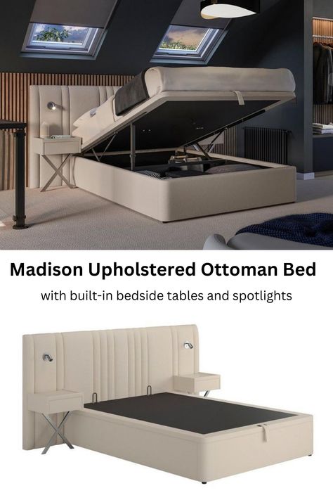 The Madison Ottoman Bed by Dreams comes with built-in bedside tables and spotlights on each side. There is a large 35cm deep ottoman storage space, which you can access from the footend. Comes in double and king size. Free delivery. Amelia Ottoman Bed, Double Ottoman Bed, Ottoman Bed King Size, Kingsize Ottoman Bed, High Ottoman King Size Bed, Oak Headboard, Contemporary Color Schemes, Underbed Storage Drawers, Floating Bedside Table