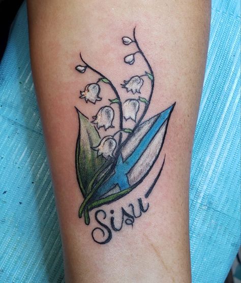 Finnish tattoo with national flower amd Finnish flag Finnish Flag Tattoo, Finnish Tattoos For Women, Finland Tattoo Ideas, Sisu Tattoo Finland, Finnish Tattoo Ideas, Sisu Tattoo, Finnish Tattoo, Moms Tattoo, Ireland Tattoo