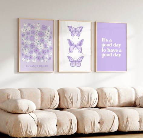 Set of 3, pastel purple wall art set. It's a good day to have a good day print. Cute dorm room wall art. Trendy Danish pastel violet print. Positive quote poster. Pastel purple butterfly wall art. Great over-the-bed girl's room decor. Boho dorm decor. Violet wall art. Nursery light purple wall decor ⭐️ More from the collection "Pastel Colors", you can find here: https://www.etsy.com/pl/shop/HeyMayStudio?ref=seller-platform-mcnav§ion_id=38817828 ⭐️ PASTEL AESTHETIC - MEGA BUNDLE, you can find her Purple Apartment Bedroom, Lavender Theme Bedroom, Pastel Purple Aesthetic Room Ideas, Purple Wall Art Printables, Purple Dorm Aesthetic, Light Purple Dorm Room, Light Purple Decor, Light Purple Dorm Room Ideas, Purple Butterfly Bedroom