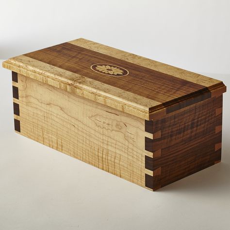 Curly walnut and curly maple box with dovetail joints and inlaid wood medallion. Wooden Box Plans, Wood Box Design, Dovetail Box, Cremation Boxes, Jewelry Armoires, Decorative Wooden Boxes, Wooden Box Designs, Wood Urn, Inlaid Wood