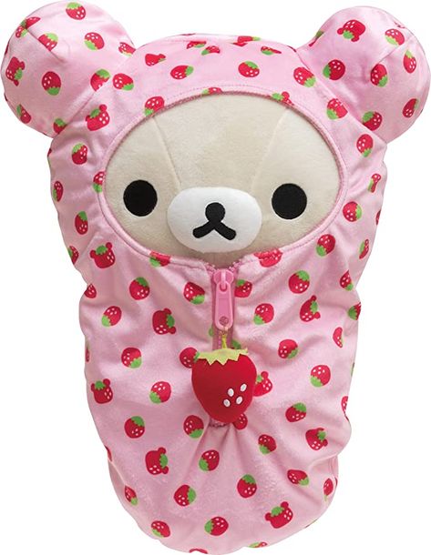 Korilakkuma Strawberry, Pink Sleeping Bag, Rilakkuma Plushie, Rilakkuma Plush, Strawberry Pattern, Kawaii Core, Kawaii Plushies, Toy Brand, Kawaii Room