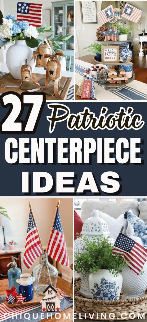 Make a bold statement this 4th of July with these 27 best patriotic centerpiece ideas! From vibrant floral arrangements to DIY crafts, find inspiration to elevate your holiday decor with red, white, and blue flair. 🇺🇸🌟 #PatrioticDecor #CenterpieceIdeas #FourthOfJuly Patriotic Table Centerpieces Diy, Elegant Patriotic Table Decorations, Veterans Day Centerpieces Table Decorations, Veterans Day Table Centerpieces, Red White And Blue Centerpieces Diy, Fourth Of July Centerpiece, Patriotic Centerpieces Elegant, July 4 Table Decorations, Veterans Day Table Decor