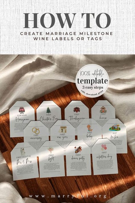 These marriage milestone wine tags/labels (use them as you like) offer: • Eye-catching fonts • Script that suits most event themes • cute icons for each milestone • Editable text, font and colors • Useable for any other occasion you like • German version available Discover different design options in my shop Marriage Milestone Wine Tags, Milestone Wine, Fonts Script, Wine Tags, Carolina Wedding, Unique Wedding Gifts, Wine Labels, Event Themes, Printable Templates