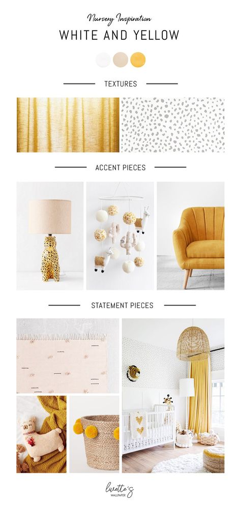 White and Yellow Nursery Interior | Mood board Monday – Livettes Neutral And Yellow Nursery, Nursery With Yellow Accents, Yellow Wallpaper Nursery, White And Yellow Nursery, Nursery Mustard Yellow, Pink And Yellow Nursery Ideas, Mustard And Pink Nursery, Yellow Themed Nursery, Yellow Nursery Ideas Gender Neutral