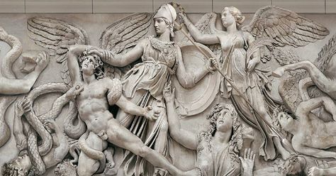 Greek Asia: GIGANTOMACHY ~ THE EPIC BATTLE BETWEEN GODS AND GI... Pergamon Museum, Hellenistic Period, Greek Heroes, Ancient Greek Art, Relief Sculpture, Ice Sculptures, Greek Art, Greek Myths, Acropolis