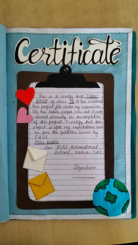 Creative Ideas For File Decoration, Certificate Of Project File, Acknowledgments For Project Ideas, Index Page Decoration Ideas For Project, Project File Cover Ideas Social Studies, Certificate Design Project, Index For School Project, Biology Project Design Ideas, G20 Project Ideas