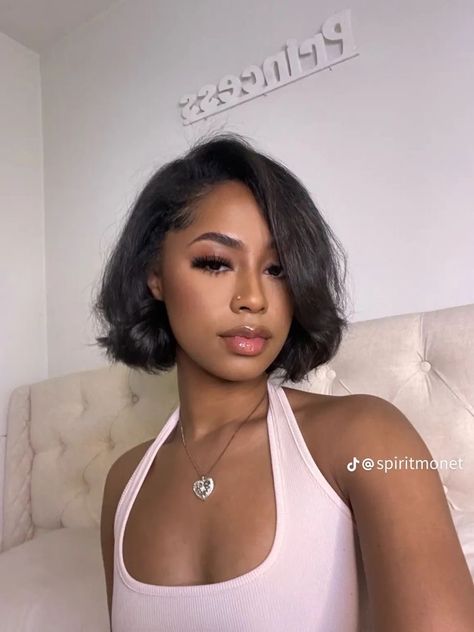 Silk Press Natural Hair Short Bob Black Women, Chin Length Hairstyles For Black Women, Natural Bobs For Black Women Short Hair, Short Straight Hair On Black Women, Short Side Part Silk Press, Black Women Haircuts Short, Hair Styles 2023 Black Women, Short Bob Blowout Black Women, Blowout Styles For Short Natural Hair