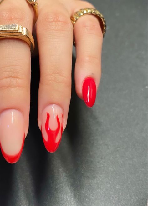 Red Flame Nails Almond, Red Flames Nails, Red Summer Nails Designs, Fire Nails Designs, Red Flame Nails, Red Nail Designs Summer, Nails With Fire, Motomami Aesthetic, Red Nail Inspiration