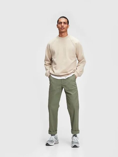 Green Khaki Pants, Khaki Pants Outfit, Crewneck Outfit, Pants Outfit Men, Green Chinos, Casual Outfit Inspiration, Desert Cactus, Utility Pockets, Mens Outfit Inspiration