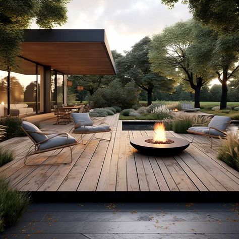 Modern Cabin Outdoor Living, Modern Backyard Landscaping With Hot Tub, Modern Decking Ideas, Backyard Scandinavian Spa, Backyard Sauna Landscaping, Garden Slabs Ideas, Contemporary Patio Design, Outdoor Patio Ideas Mountains, Modern Deck Design