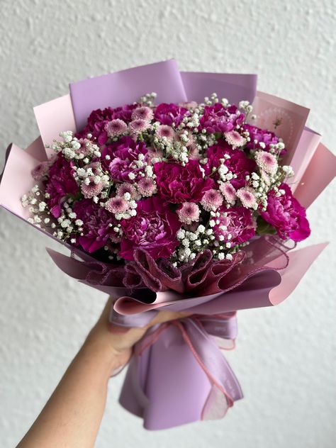 Wax Flowers Bouquet, Mums Flower Bouquet, Bouquet With Carnations, Purple Carnation Bouquet, Carnation Flower Arrangements, Pink Carnation Bouquet, Carnation Arrangements, Mums Bouquet, Purple And Pink Bouquet