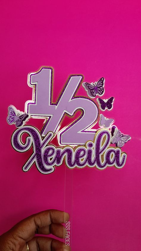 Layeres half birthday cardstock cake topper with butterflies in purple, lilac and gold. Cardstock Cake Topper, Half Birthday Cakes, Cake Templates, Half Birthday, 2 Birthday, Custom Cake Toppers, Purple Lilac, Birthday Cake Toppers, Party Accessories