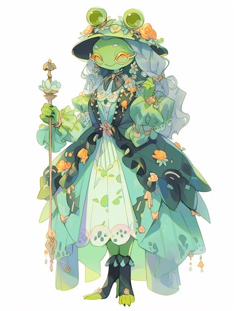 Shy Hairstyles Anime, Bird Witch Character Design, Characters Based On Animals, Female Frog Character, Water Fairy Character Design, Cute Alien Character Design, Surreal Character Design, Swamp Character Design, Nature Spirit Character Design