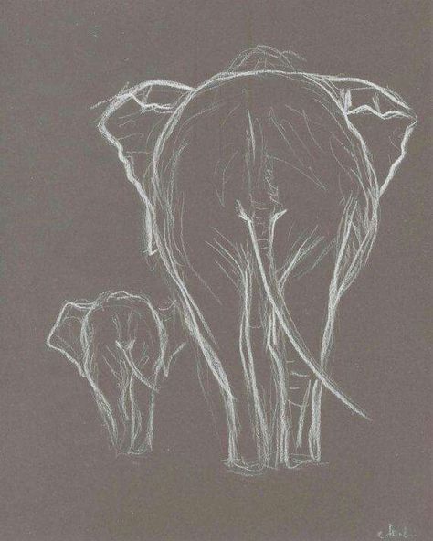 Elephant drawing Hard Art Drawings, Elephant Drawings, Mother Elephant, Pastel Dark, Drawing Baby, Grey Paper, Baby Elefant, Elephant Drawing, White Pastel