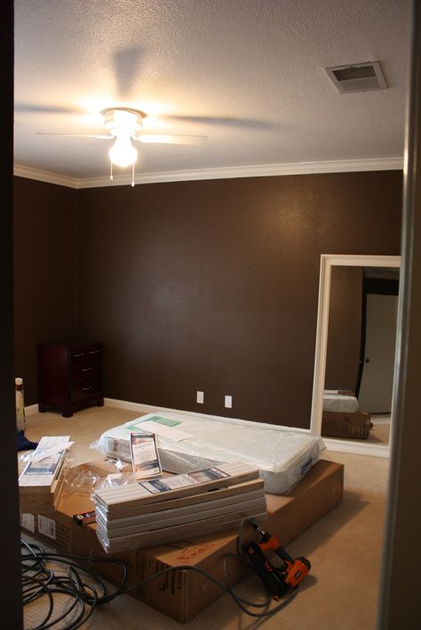 light cocoa paint | the walls painted chocolate brown and white trim and shutters Chocolate Wall Paint, Chocolate Brown Walls Bedroom, Bedroom Chocolate, Chocolate Brown Bedrooms, Brown Bedroom Walls, Chocolate Living Rooms, Brown Bedrooms, Chocolate Brown Walls