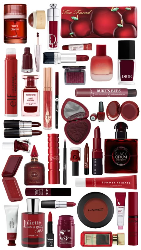 dark red makeup perfume polish #red #darkred #redaesthetic #darkredaesthetic #redmakeup #makeup #lipliner #redlipstick #dior #nyx #essie #perfume #toofaced #charlottetilbury #cherry #tomford #mac Red Cherry Aesthetic, Dark Red Makeup, Dark Red Cherry, Cherry Lipstick, Normal Makeup, Makeup Trial, Red Makeup, Makeup Aesthetic, Vintage Makeup