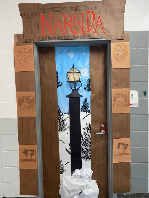 Narnia Bulletin Board Ideas, Lion Witch And The Wardrobe Classroom Door, Chronicles Of Narnia Decorations, Narnia Classroom Door, Narnia Bulletin Board, Narnia Decorations Ideas, Narnia Wardrobe Diy Cardboard, Narnia Decorations Diy, Narnia Door Decoration