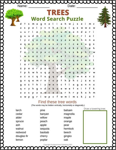 Trees word search puzzle showing the grid which contains the names of 27 types of trees hidden in this puzzle.  
It is for kids but adults will enjoy the challenge too. Nature Word Search, Free Word Search Puzzles, Word Search For Kids, Dates Tree, Types Of Trees, Word Search Puzzles Printables, Free Word Search, Halloween Puzzles, Camp Activities