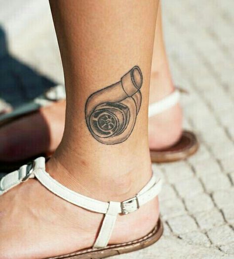 A tiny turbo! Turbo Rose Tattoo, Car Piston Tattoo, Small Turbo Tattoo, Piston Tattoo Ideas, Turbo Tattoo, Nick Tattoos, Piston Tattoo, Ankle Tattoo Designs, Small Finger Tattoos